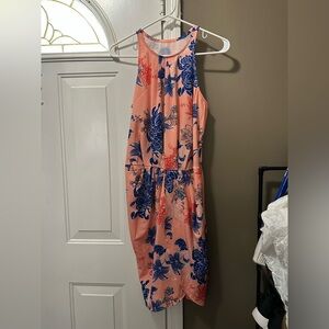 Sleeveless Peach Floral Midi Dress with Navy Blue Print